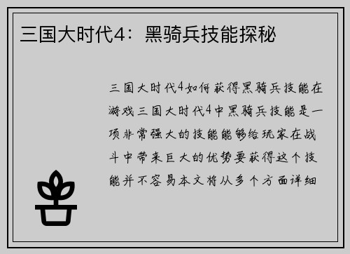 三国大时代4：黑骑兵技能探秘